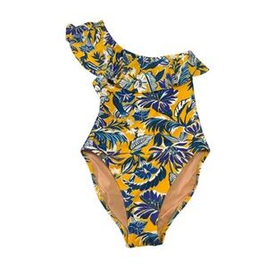 NEW J. Crew One piece Shoulder Ruffle Swimsuit Tropical Blue Yellow Size S